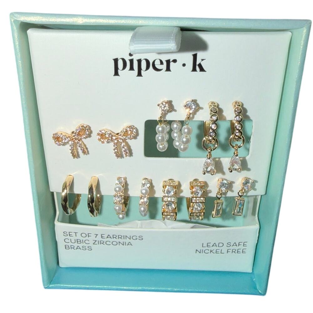 Piper K Earrings Set of 7 Pairs Gold Cubic Zirconia & Faux Pearl (NIB)
